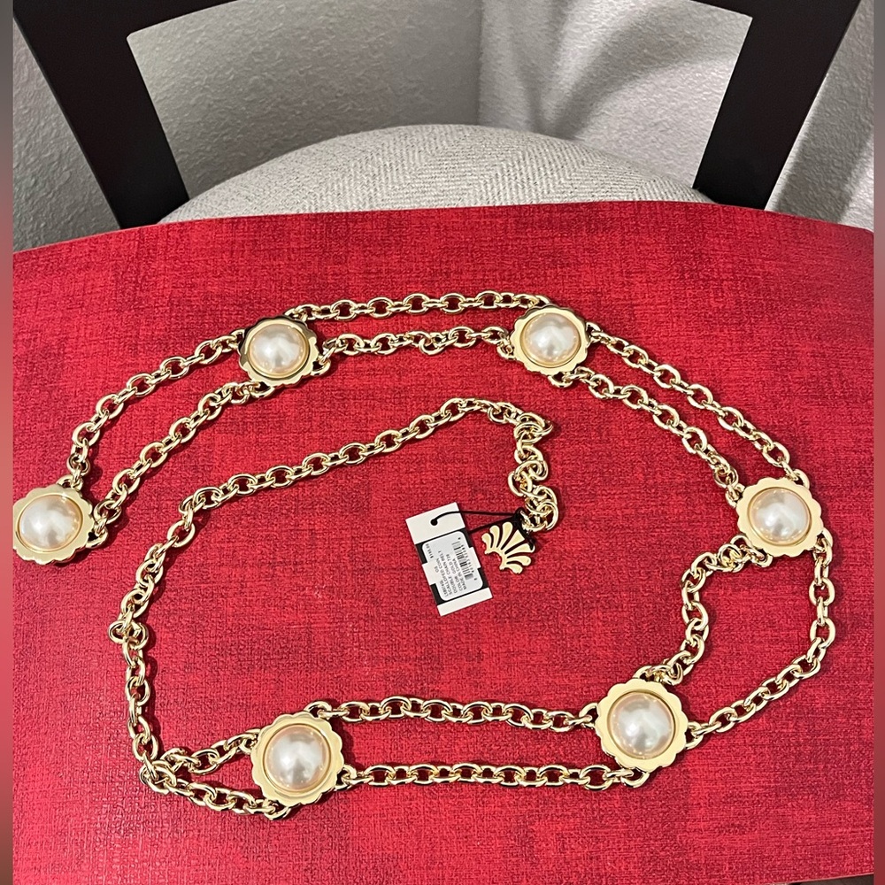 LELE SADOUGHI NWT AUTHENTIC GOLD SCALLOPED COIN DOUBLE FAUX PEARLS CHAIN…